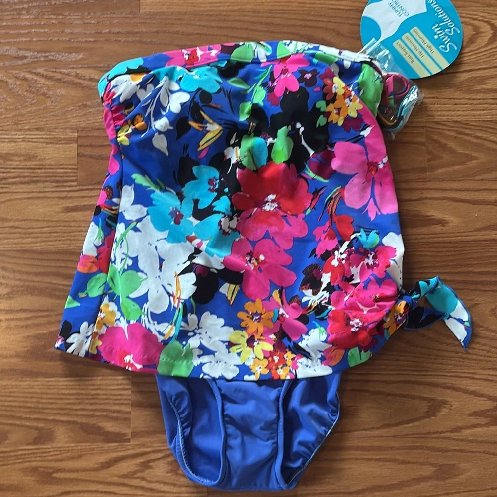 NEW Swim SolutionsTummy Control Colorful Tropical Floral Faux Tankini Size 10‎